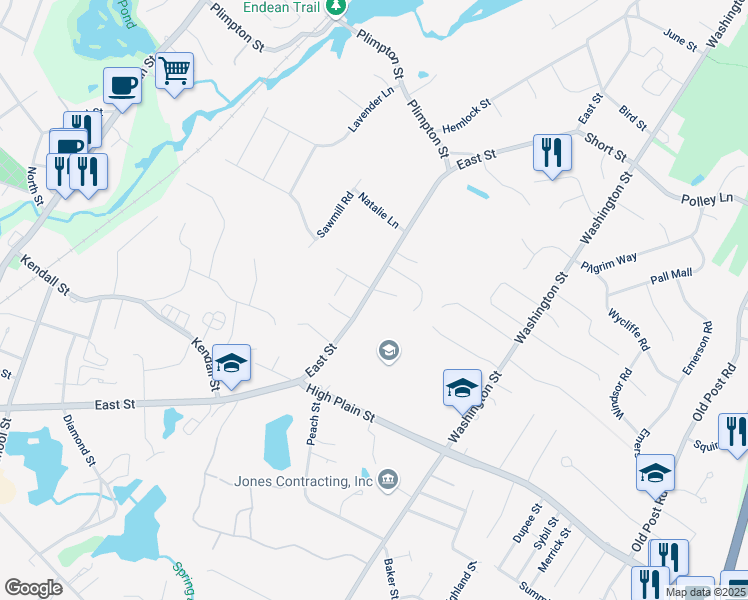 map of restaurants, bars, coffee shops, grocery stores, and more near 551 East Street in Walpole