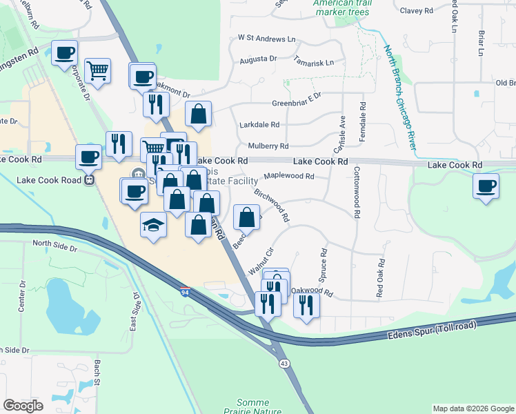 map of restaurants, bars, coffee shops, grocery stores, and more near 2058 Beechnut Road in Northbrook