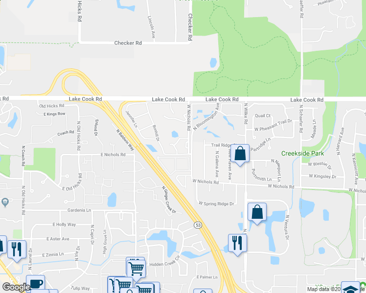 map of restaurants, bars, coffee shops, grocery stores, and more near 2206 Nichols Road in Arlington Heights