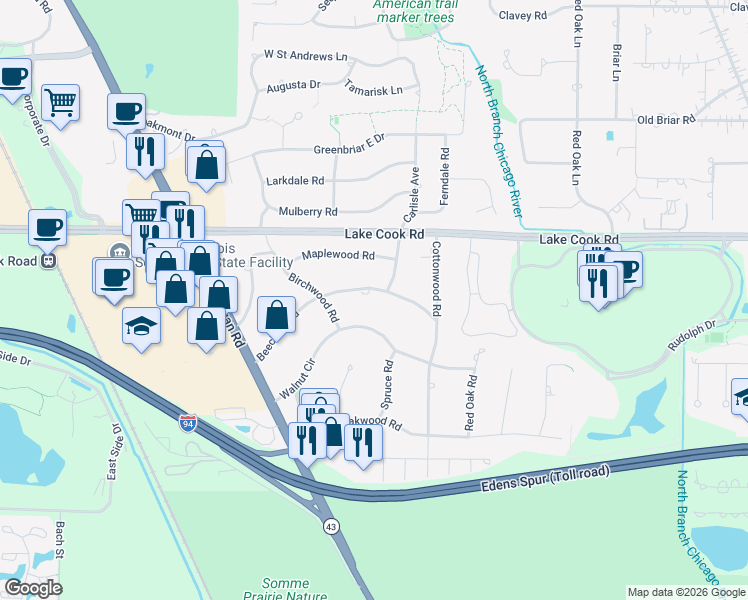 map of restaurants, bars, coffee shops, grocery stores, and more near 1940 Walnut Circle in Northbrook