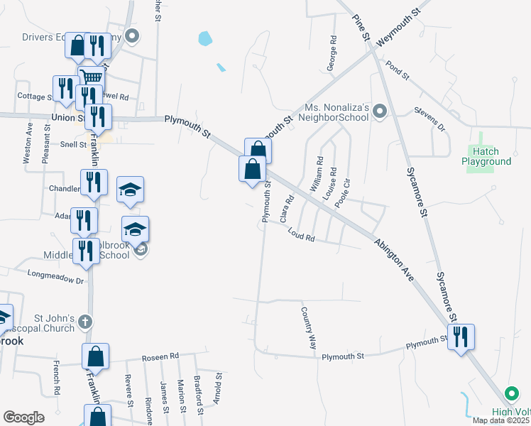 map of restaurants, bars, coffee shops, grocery stores, and more near 339 Plymouth Street in Holbrook