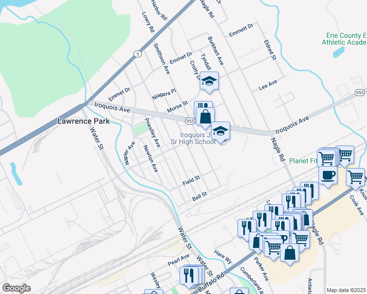 map of restaurants, bars, coffee shops, grocery stores, and more near 4019 Main Street in Erie