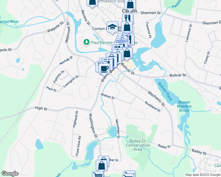 map of restaurants, bars, coffee shops, grocery stores, and more near 36 Walnut Street in Canton