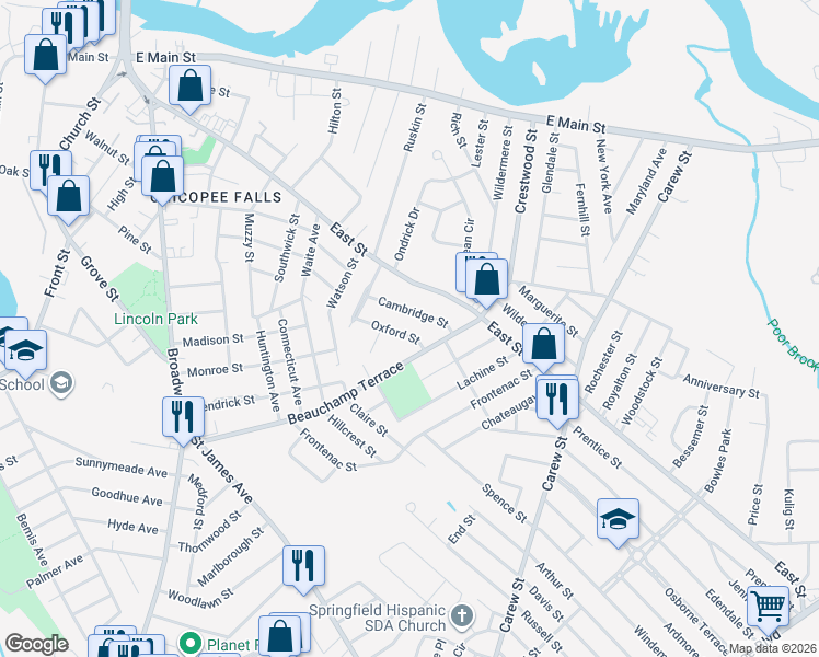 map of restaurants, bars, coffee shops, grocery stores, and more near 45 Oxford Street in Chicopee