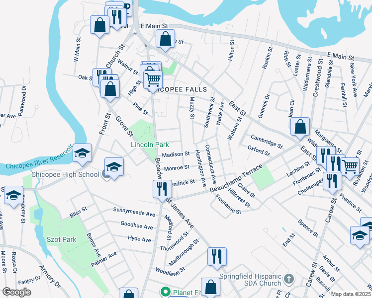 map of restaurants, bars, coffee shops, grocery stores, and more near 95 Washington Street in Chicopee