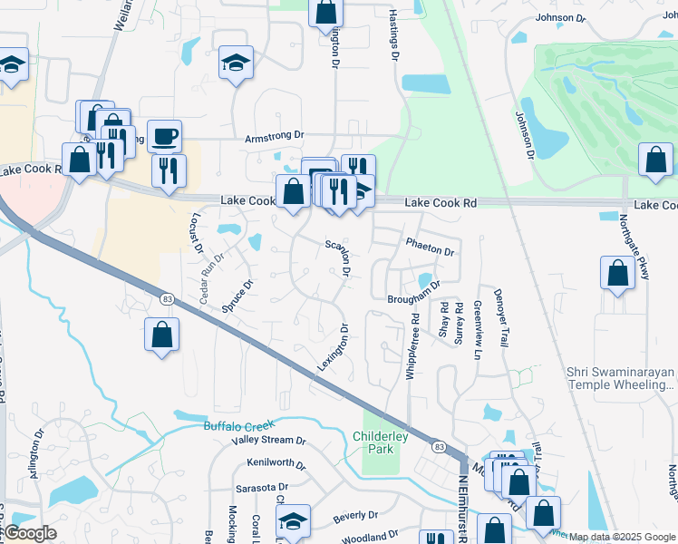 map of restaurants, bars, coffee shops, grocery stores, and more near 1021 Thorndale Court in Wheeling