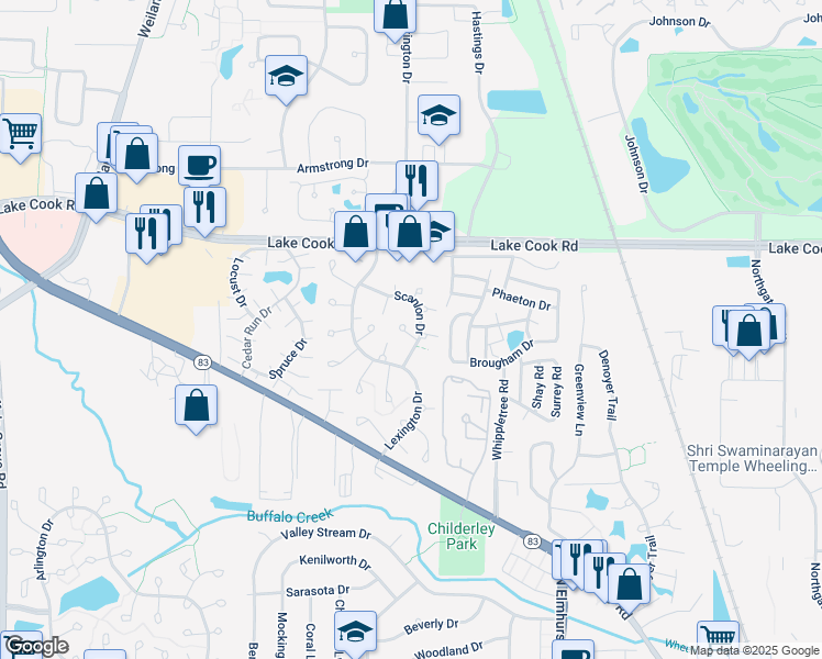map of restaurants, bars, coffee shops, grocery stores, and more near 1021 Thorndale Court in Wheeling