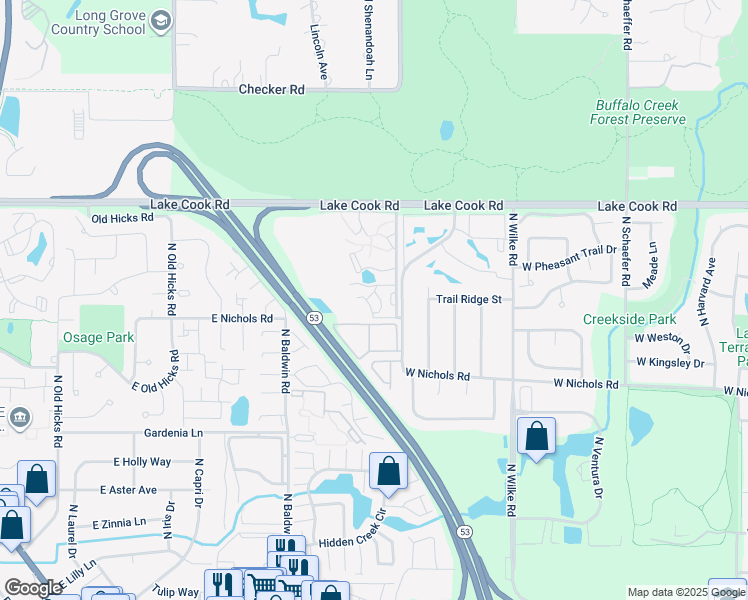 map of restaurants, bars, coffee shops, grocery stores, and more near 2227 West Nichols Road in Arlington Heights