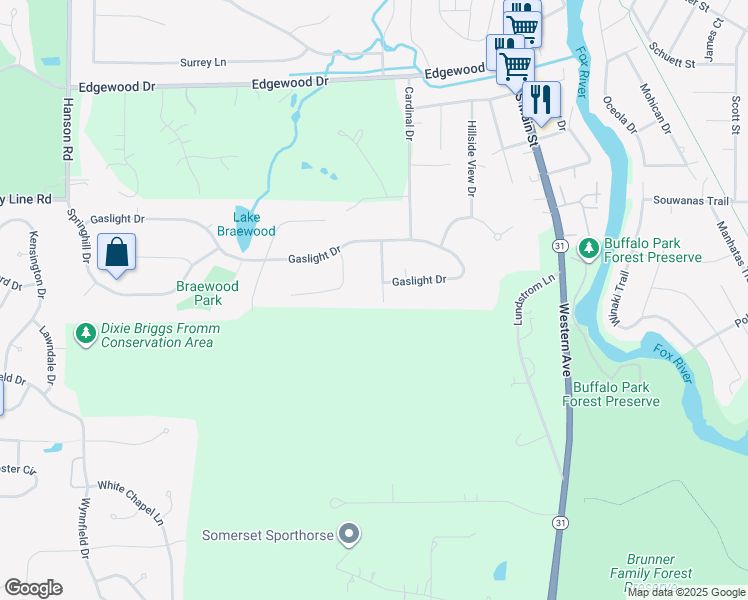 map of restaurants, bars, coffee shops, grocery stores, and more near 312 Rustic Lane in Algonquin