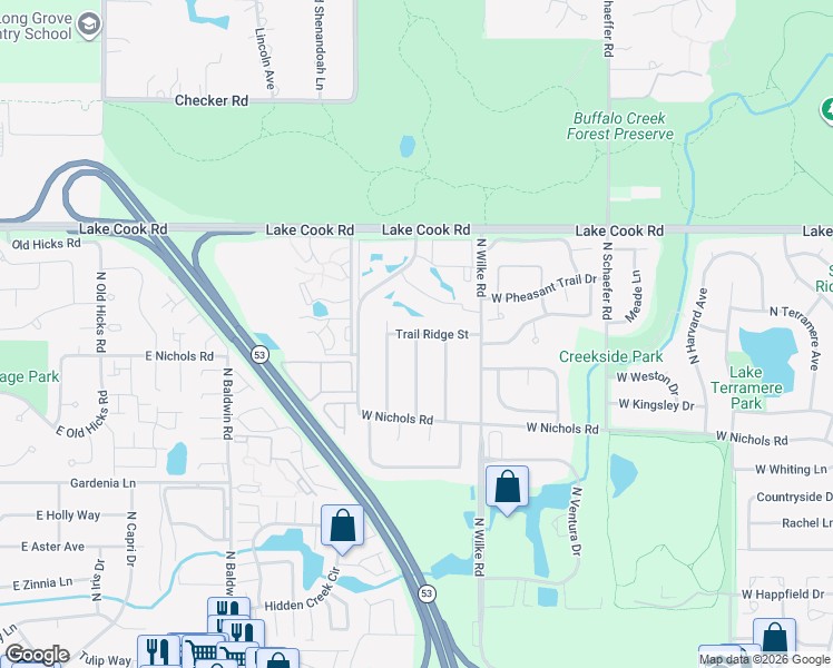 map of restaurants, bars, coffee shops, grocery stores, and more near 1932 Trail Ridge Street in Arlington Heights