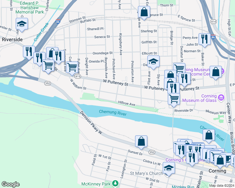 map of restaurants, bars, coffee shops, grocery stores, and more near 175 West William Street in Corning
