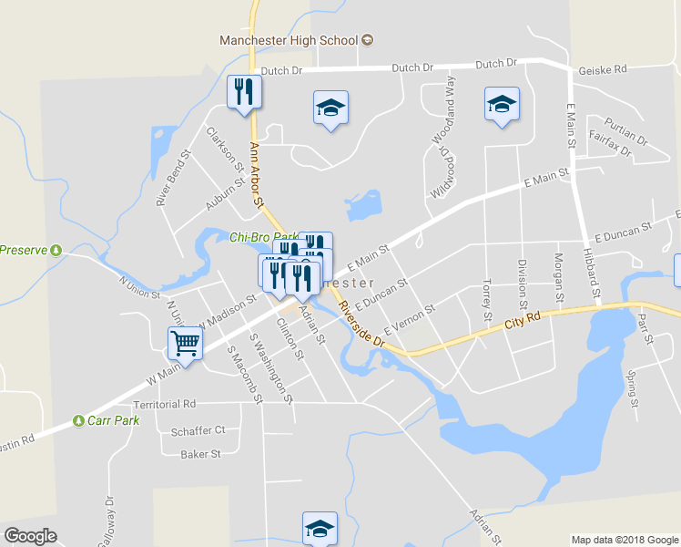 map of restaurants, bars, coffee shops, grocery stores, and more near 312 East Main Street in Manchester