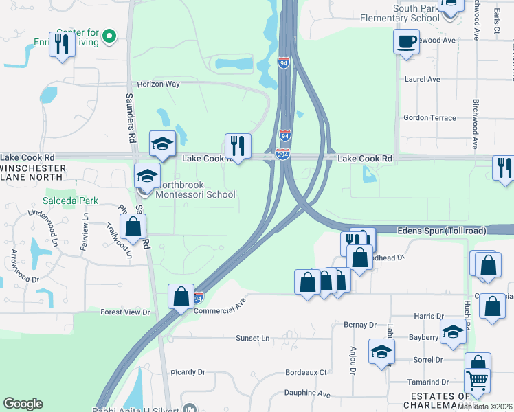 map of restaurants, bars, coffee shops, grocery stores, and more near 153 Pointe Drive in Northbrook