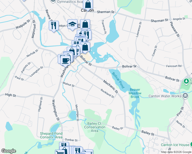 map of restaurants, bars, coffee shops, grocery stores, and more near 19 Kempley Place in Canton