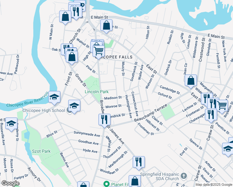map of restaurants, bars, coffee shops, grocery stores, and more near 95 Washington Street in Chicopee