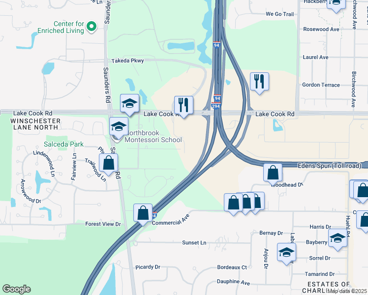 map of restaurants, bars, coffee shops, grocery stores, and more near 4005 Pamella Lane in Northbrook
