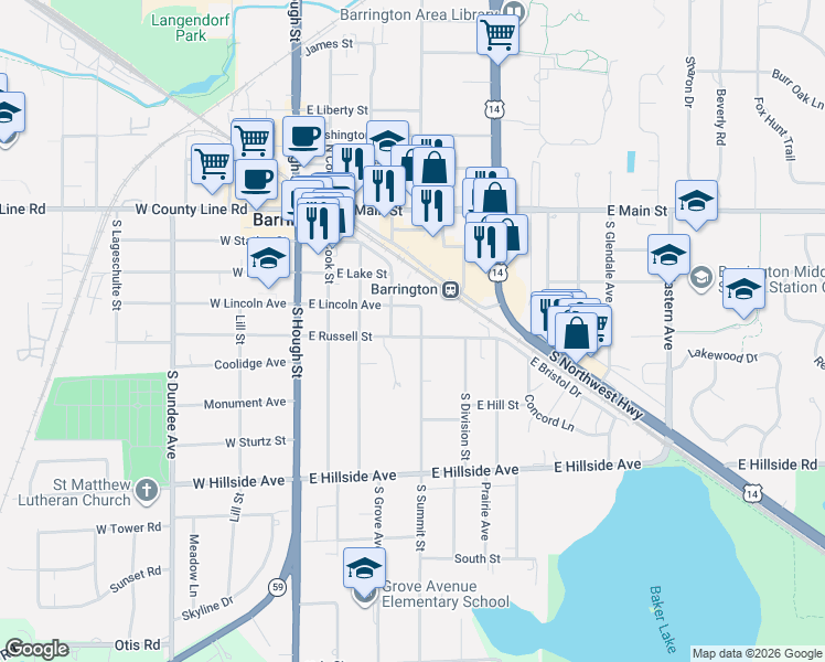 map of restaurants, bars, coffee shops, grocery stores, and more near 511 South Summit Street in Barrington