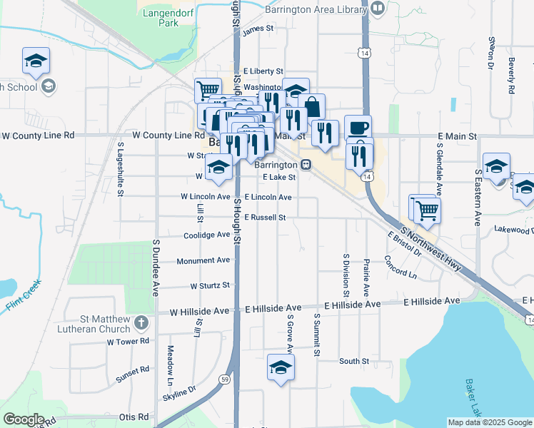 map of restaurants, bars, coffee shops, grocery stores, and more near 512 South Grove Avenue in Barrington