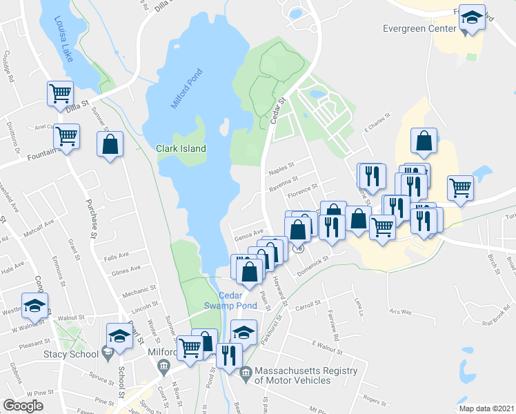 map of restaurants, bars, coffee shops, grocery stores, and more near 34 Cedar Street in Milford