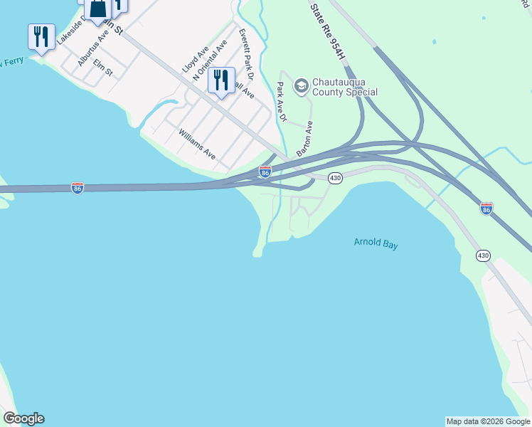map of restaurants, bars, coffee shops, grocery stores, and more near 4058 Bemus Creek Road in Bemus Point