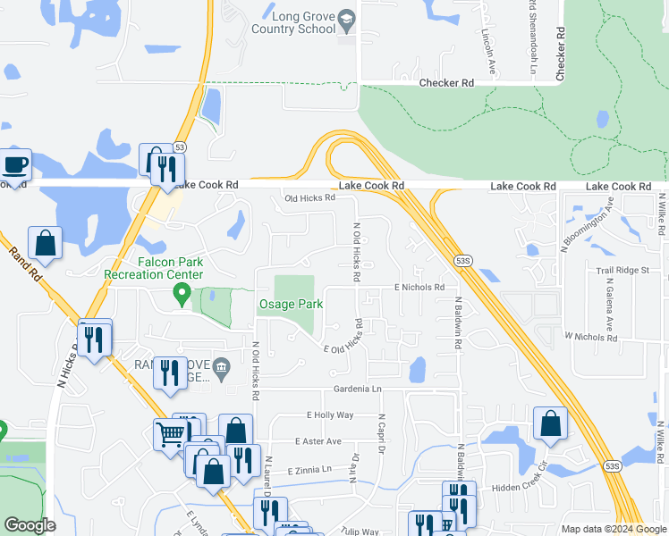 map of restaurants, bars, coffee shops, grocery stores, and more near 930 East Tower Court in Palatine
