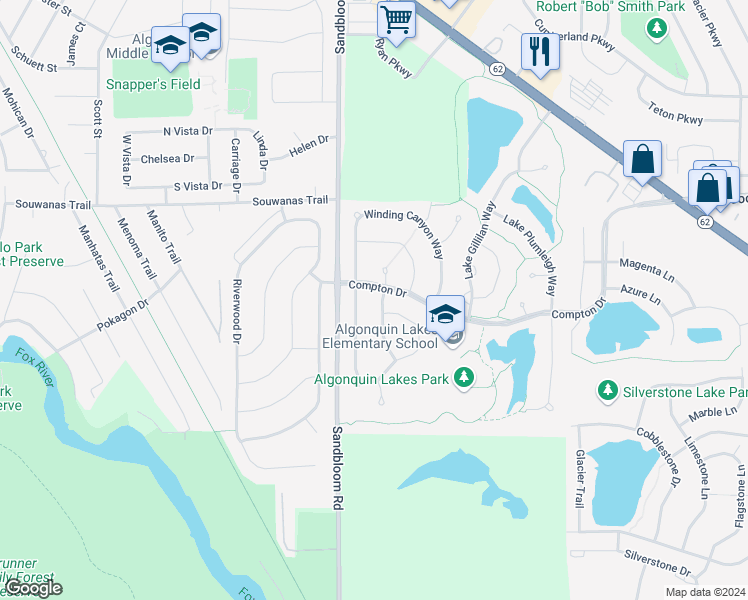 map of restaurants, bars, coffee shops, grocery stores, and more near 510 Golden Valley Lane in Algonquin