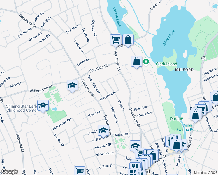 map of restaurants, bars, coffee shops, grocery stores, and more near 56 Grant Street in Milford