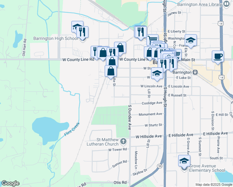 map of restaurants, bars, coffee shops, grocery stores, and more near 419 South Lageshulte Street in Barrington