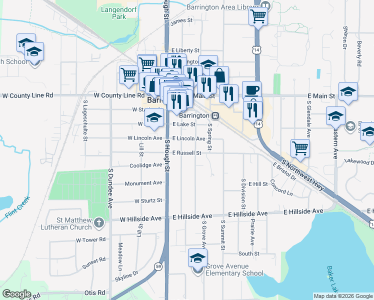 map of restaurants, bars, coffee shops, grocery stores, and more near 208 East Russell Street in Barrington