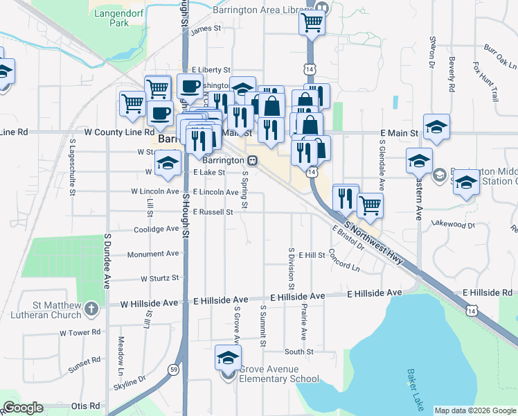 map of restaurants, bars, coffee shops, grocery stores, and more near 343 East Lincoln Avenue in Barrington