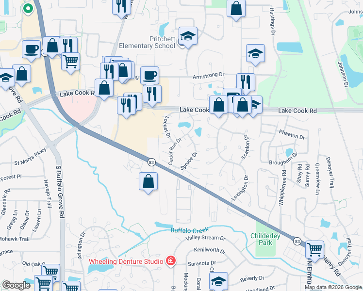map of restaurants, bars, coffee shops, grocery stores, and more near 639 Gray Court in Wheeling