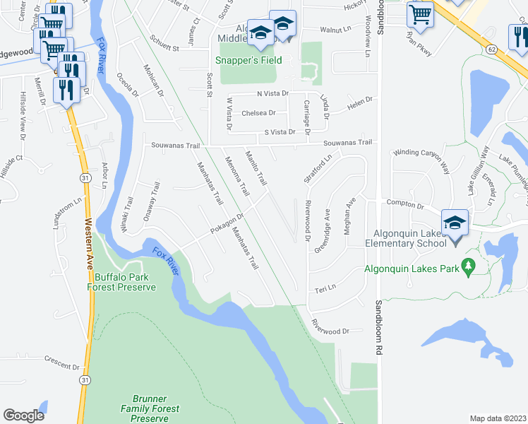 map of restaurants, bars, coffee shops, grocery stores, and more near 1315 Menoma Trail in Algonquin
