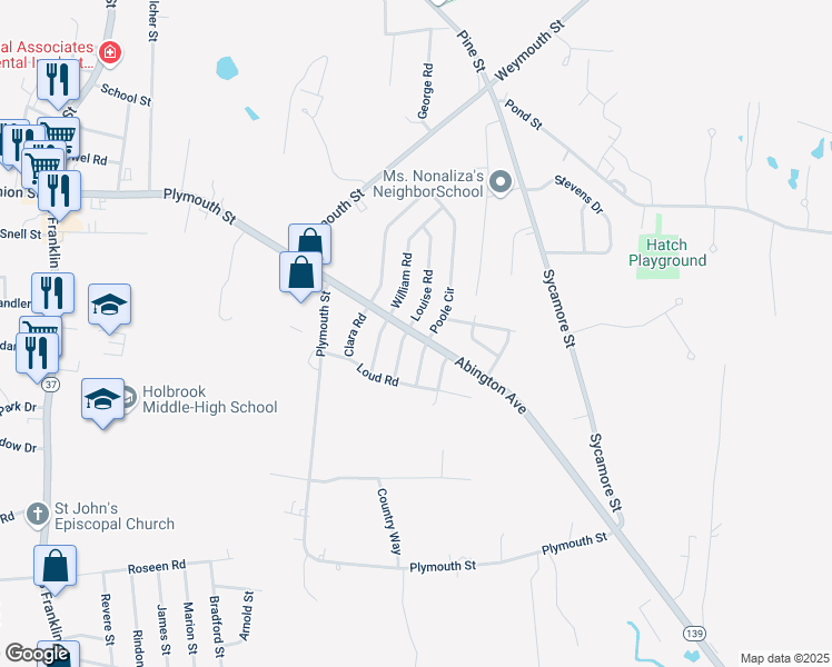 map of restaurants, bars, coffee shops, grocery stores, and more near 52 Abington Avenue in Holbrook