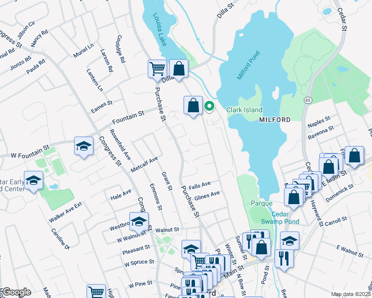 map of restaurants, bars, coffee shops, grocery stores, and more near 11-13 Vicki Lane in Milford