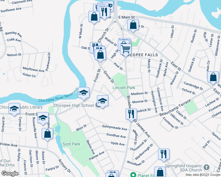 map of restaurants, bars, coffee shops, grocery stores, and more near 292 Grove Street in Chicopee