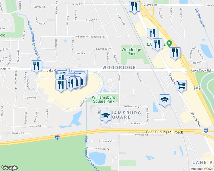 map of restaurants, bars, coffee shops, grocery stores, and more near 1280 Rudolph Drive in Northbrook