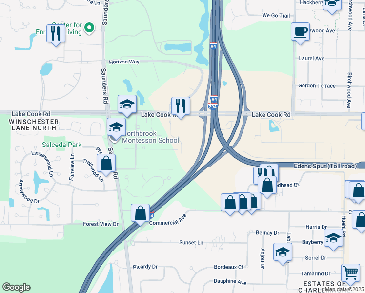 map of restaurants, bars, coffee shops, grocery stores, and more near 100 Pointe Drive in Northbrook
