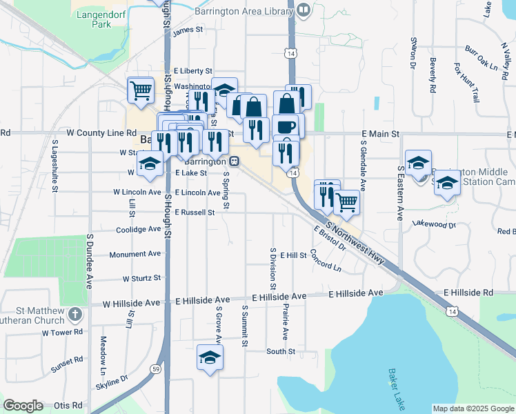 map of restaurants, bars, coffee shops, grocery stores, and more near 343 East Lincoln Avenue in Barrington
