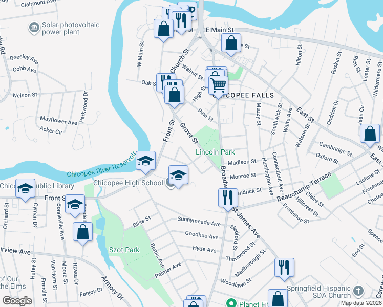 map of restaurants, bars, coffee shops, grocery stores, and more near 292 Grove Street in Chicopee