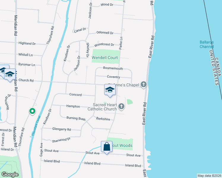 map of restaurants, bars, coffee shops, grocery stores, and more near 7950 Church Road in Grosse Ile Township