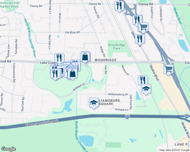 map of restaurants, bars, coffee shops, grocery stores, and more near 1280 Rudolph Drive in Northbrook