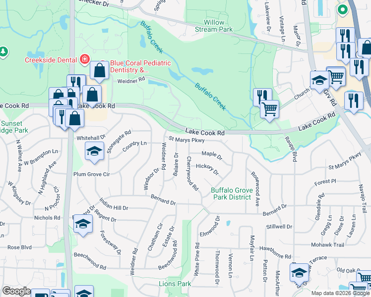 map of restaurants, bars, coffee shops, grocery stores, and more near 722 Saint Marys Parkway in Buffalo Grove