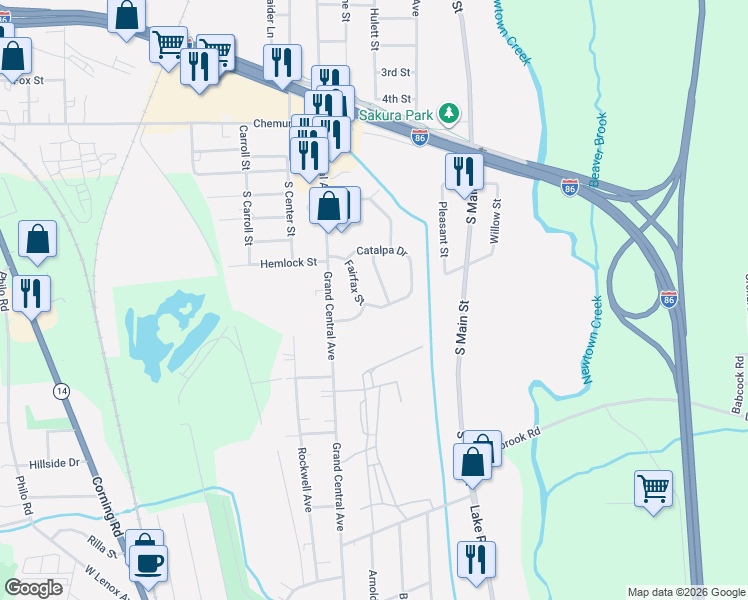 map of restaurants, bars, coffee shops, grocery stores, and more near 211 Fairfax Street in Horseheads