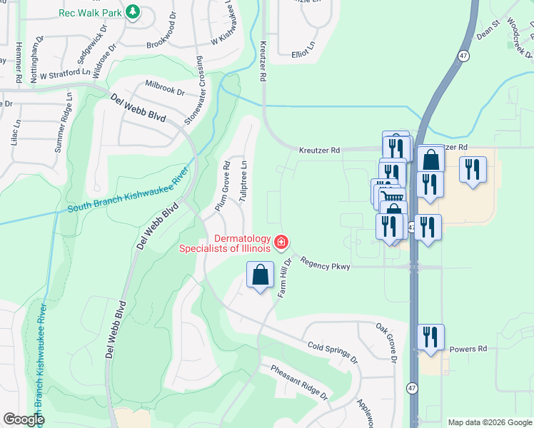 map of restaurants, bars, coffee shops, grocery stores, and more near 12507 Regency Parkway in Huntley