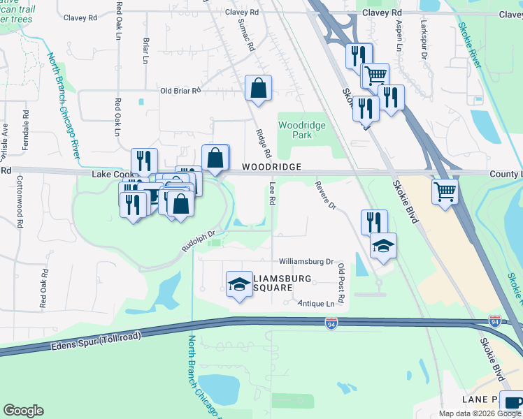 map of restaurants, bars, coffee shops, grocery stores, and more near 1220 Rudolph Drive in Northbrook