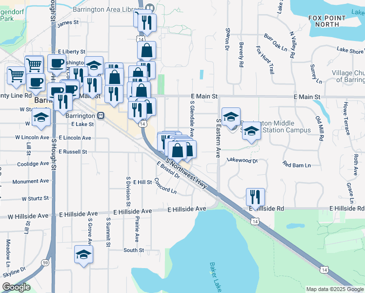 map of restaurants, bars, coffee shops, grocery stores, and more near 211 South Kainer Avenue in Barrington