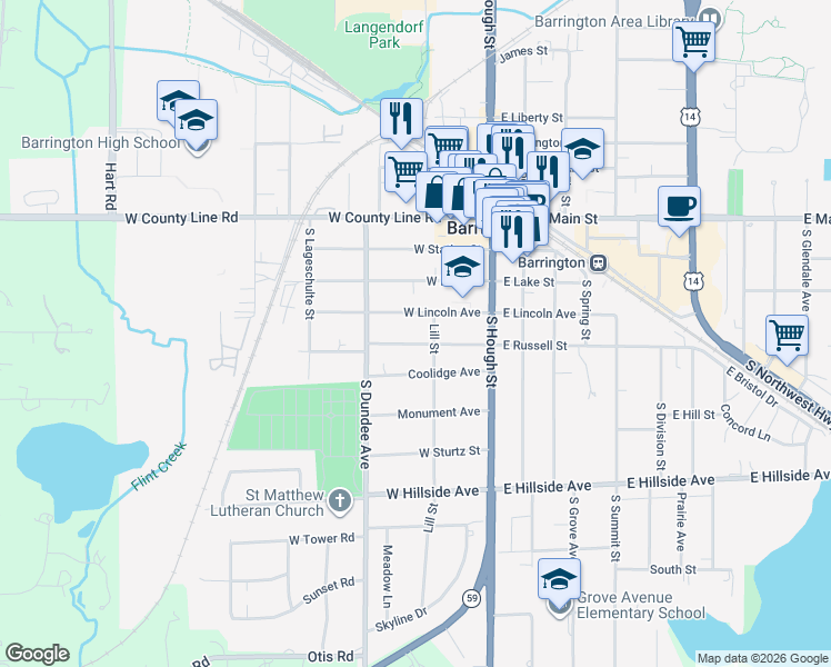 map of restaurants, bars, coffee shops, grocery stores, and more near 200 West Lincoln Avenue in Barrington