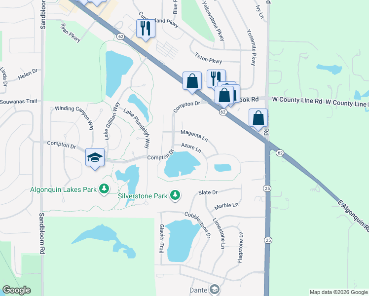 map of restaurants, bars, coffee shops, grocery stores, and more near 2040 Azure Lane in Algonquin