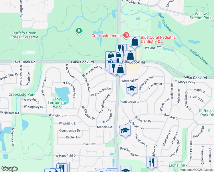 map of restaurants, bars, coffee shops, grocery stores, and more near 408 West Whitehall Drive in Arlington Heights