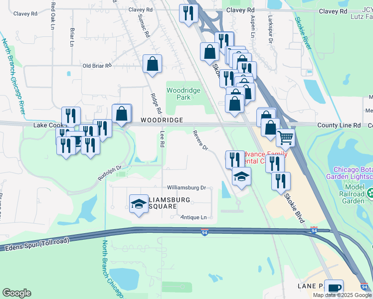 map of restaurants, bars, coffee shops, grocery stores, and more near 1100 Longmeadow Road in Northbrook
